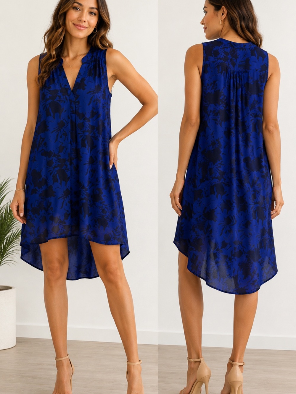 Lush Blue Floral Sleeveless Shift Dress Women’s Large V Neck Polyester